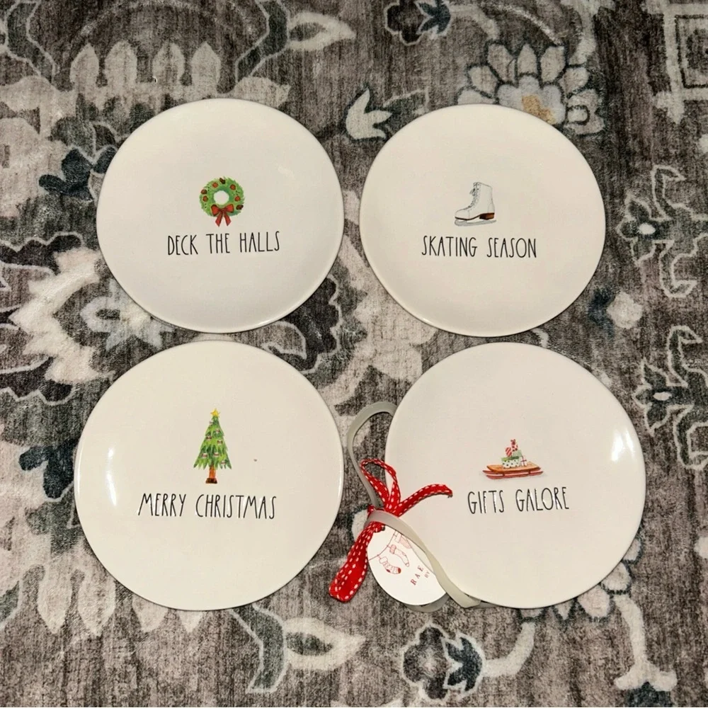 Rae Dunn White Ceramic Plates with Red Ribbon